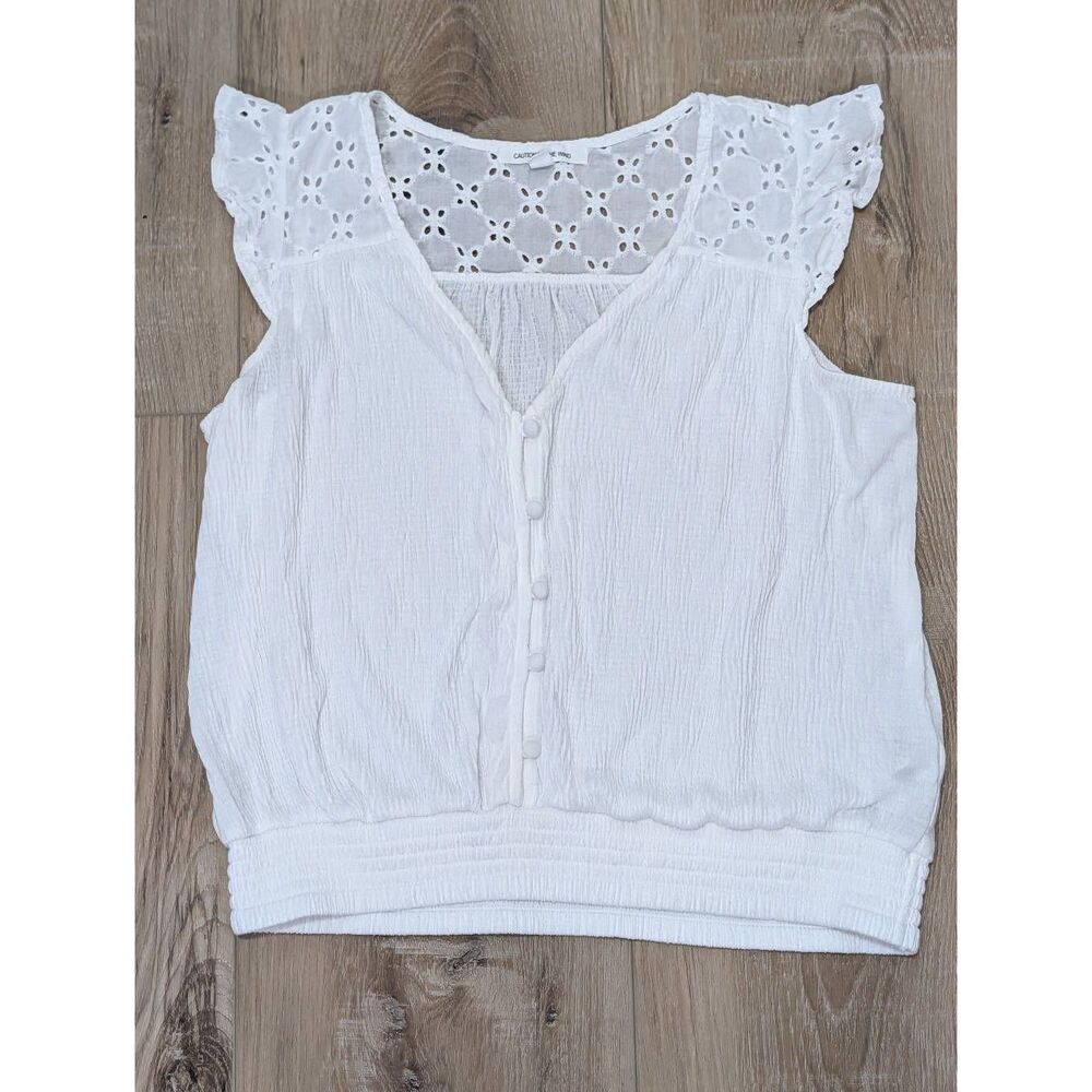 Caution to the Wind Women's Eyelet Flutter Sleeve Boho Top Medium White Festival